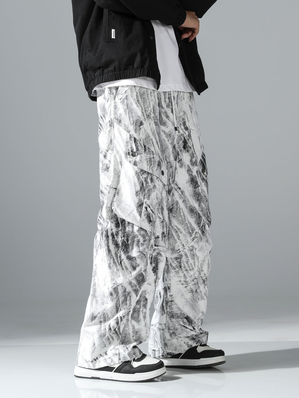 Black & White Marble Print Ultra-Baggy Cargo Parachute Pants