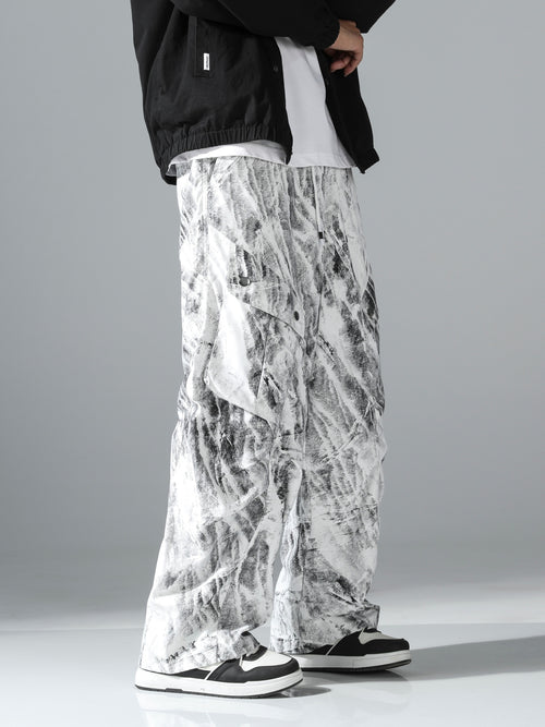 Black & White Marble Print Ultra-Baggy Cargo Parachute Pants