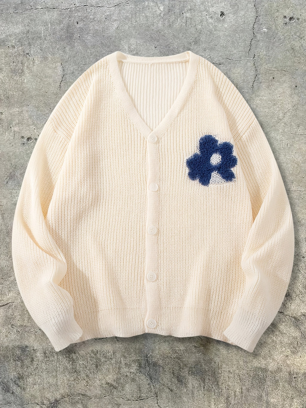 Cream Knit Cardigan with 3D Floral Accent