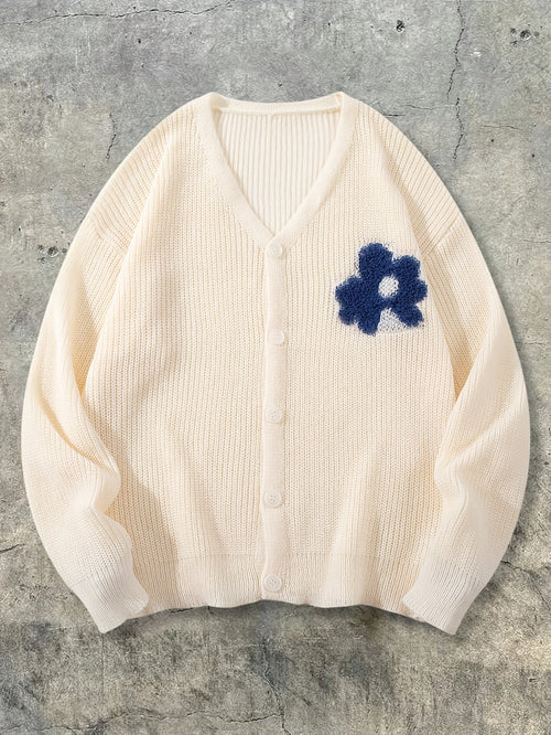 Cream Knit Cardigan with 3D Floral Accent