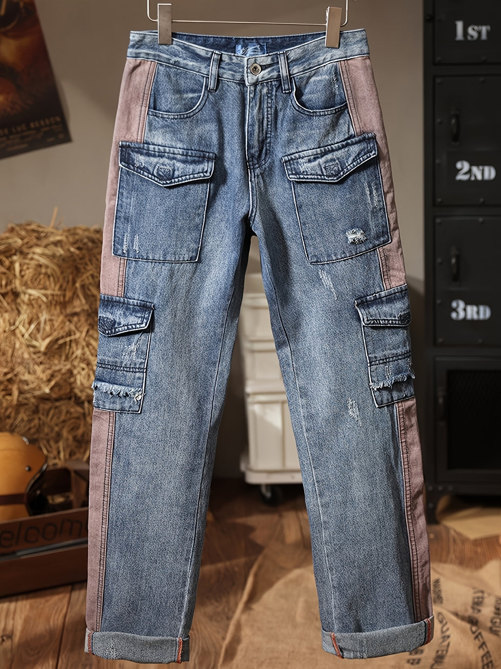 Distressed Contrast Panel Cargo Denim Jeans