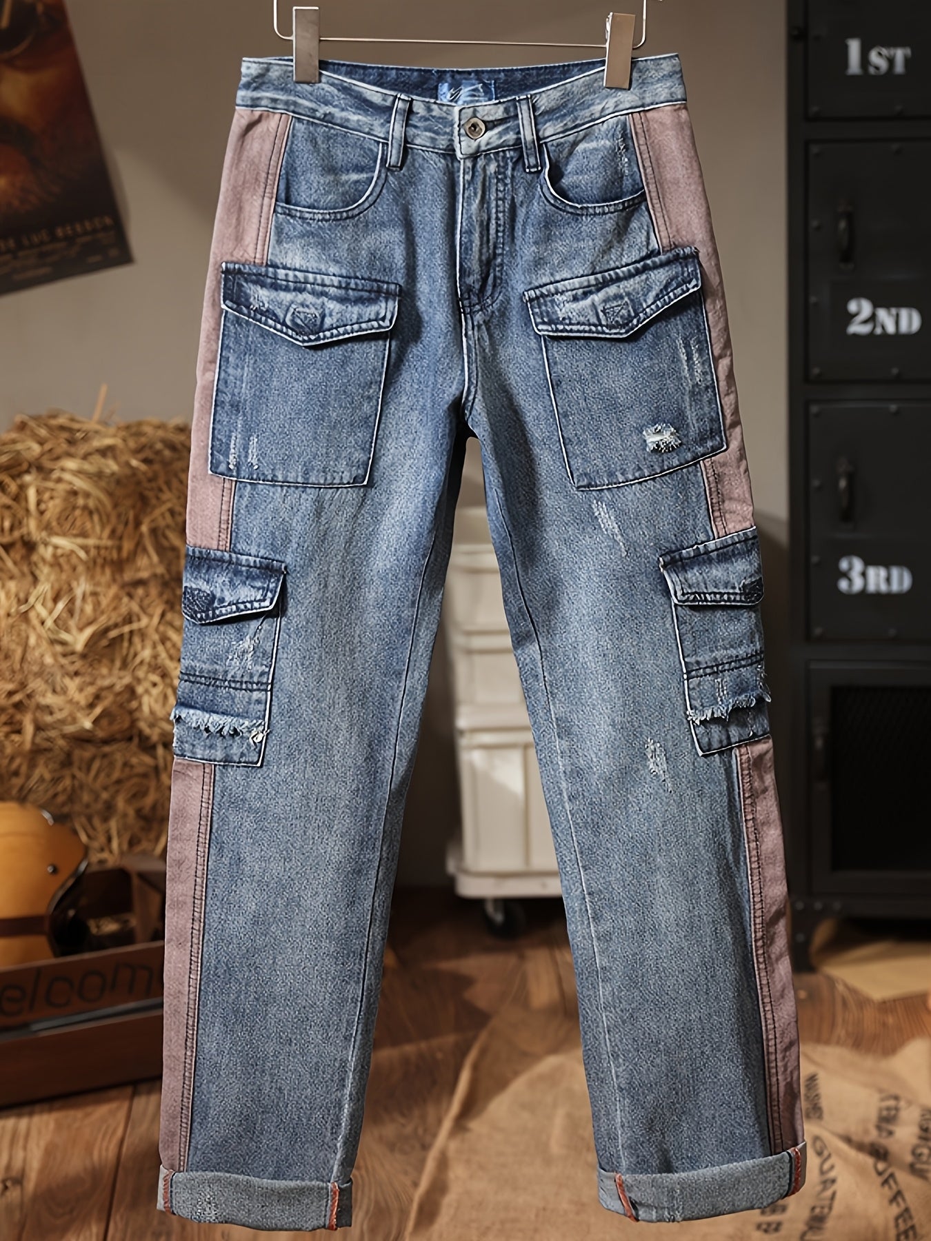 Distressed Contrast Panel Cargo Denim Jeans