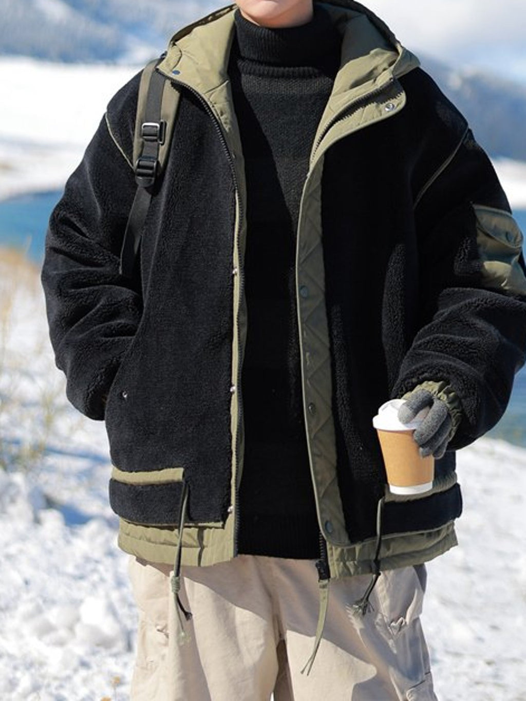 Black & Olive Contrast Fleece Hooded Jacket