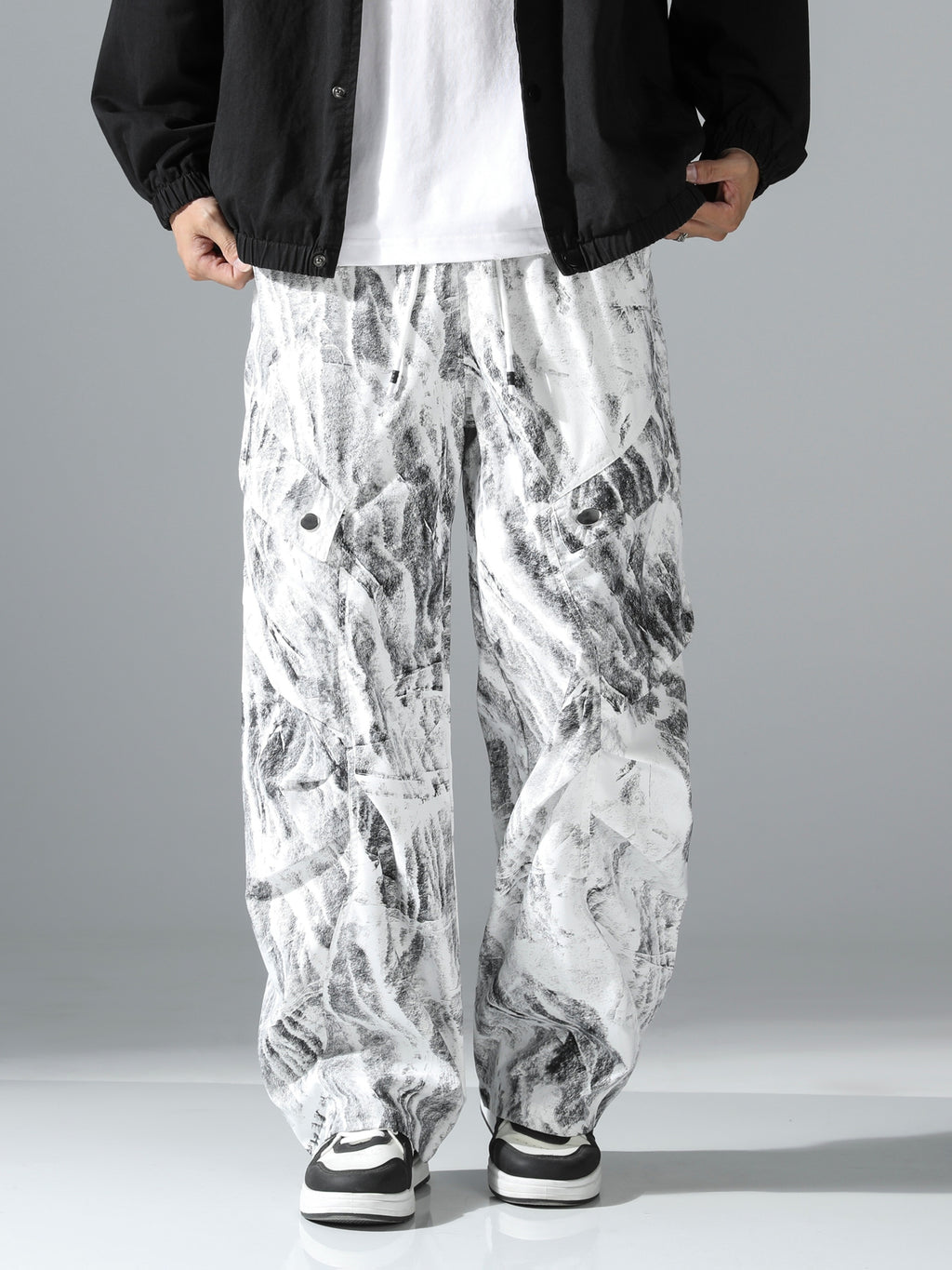 Black & White Marble Print Ultra-Baggy Cargo Parachute Pants