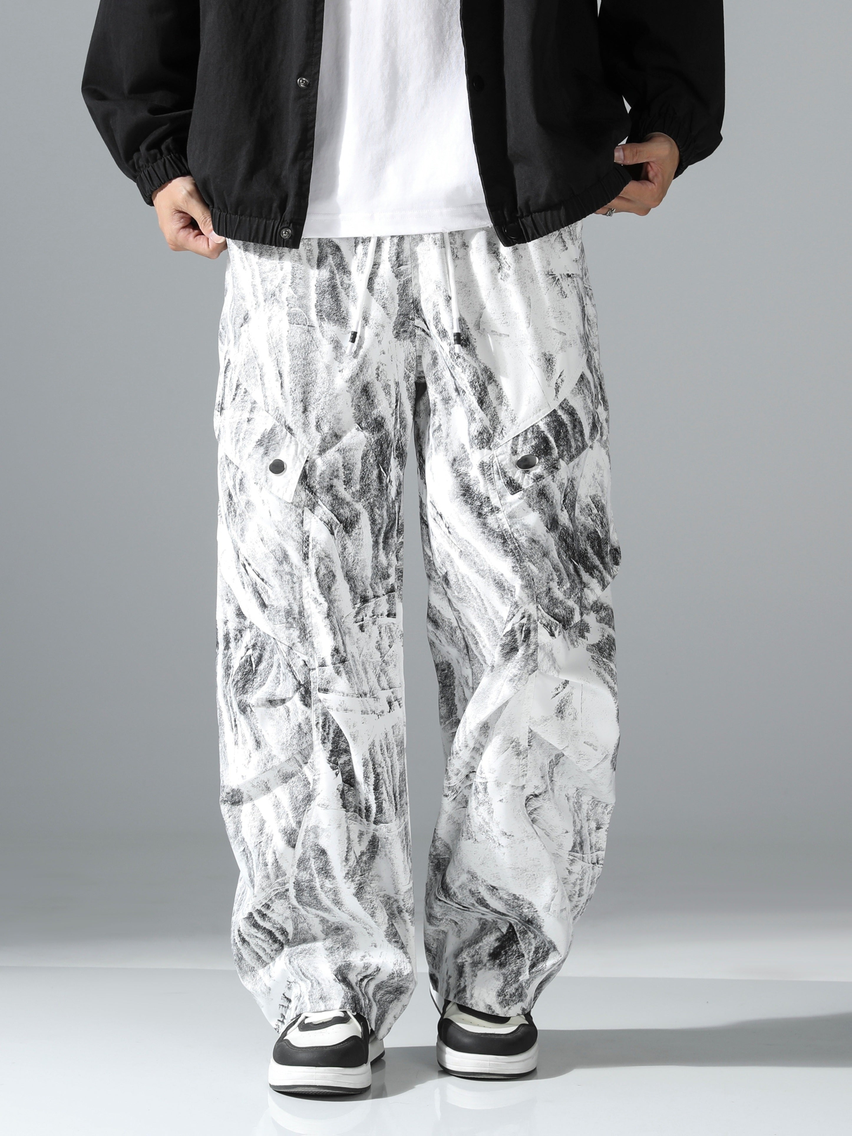 Black & White Marble Print Ultra-Baggy Cargo Parachute Pants
