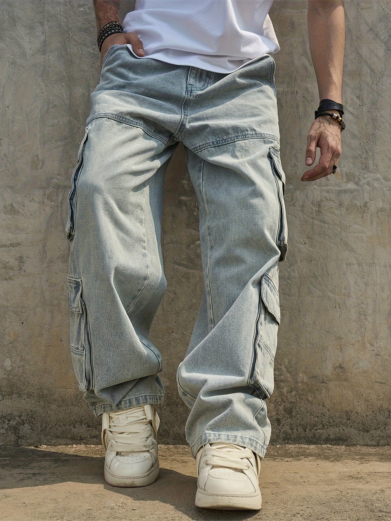 Light Wash Oversized Cargo Denim Jeans