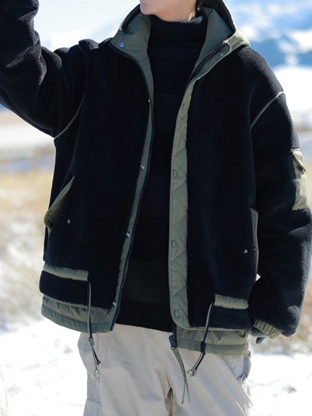 Black & Olive Contrast Fleece Hooded Jacket