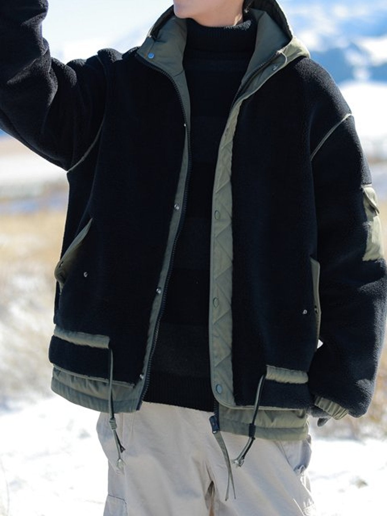 Black & Olive Contrast Fleece Hooded Jacket