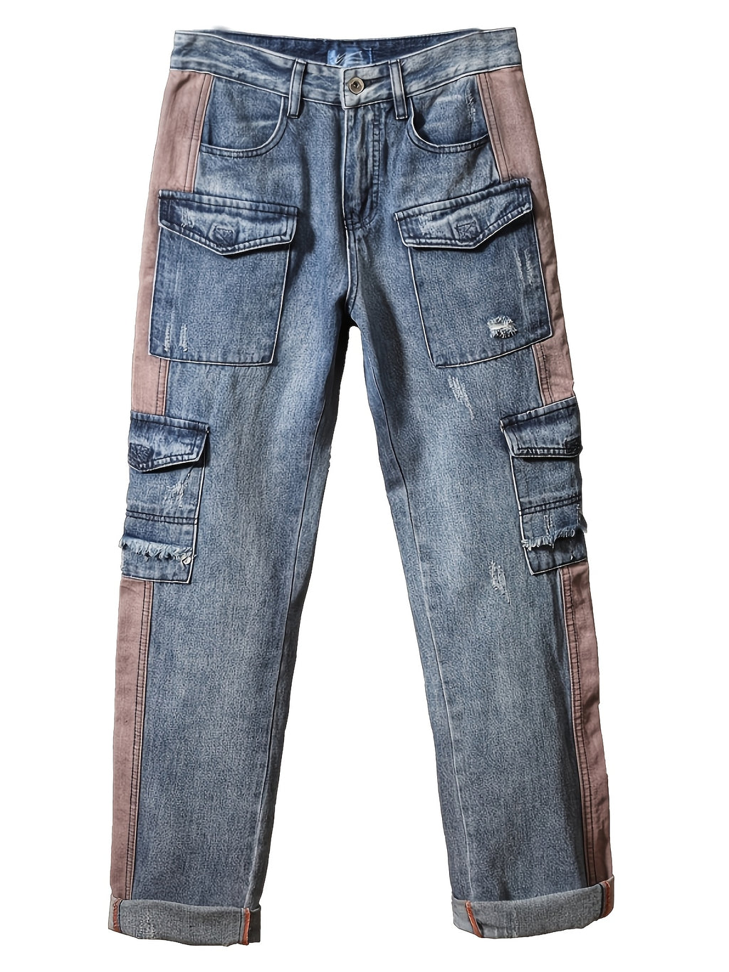 Distressed Contrast Panel Cargo Denim Jeans