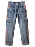 Distressed Contrast Panel Cargo Denim Jeans