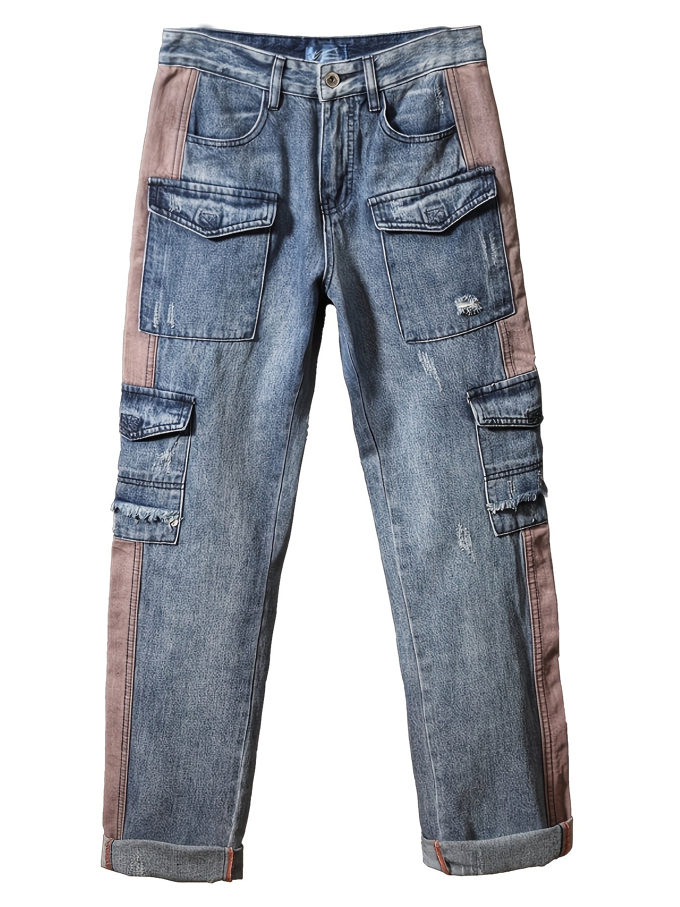 Distressed Contrast Panel Cargo Denim Jeans