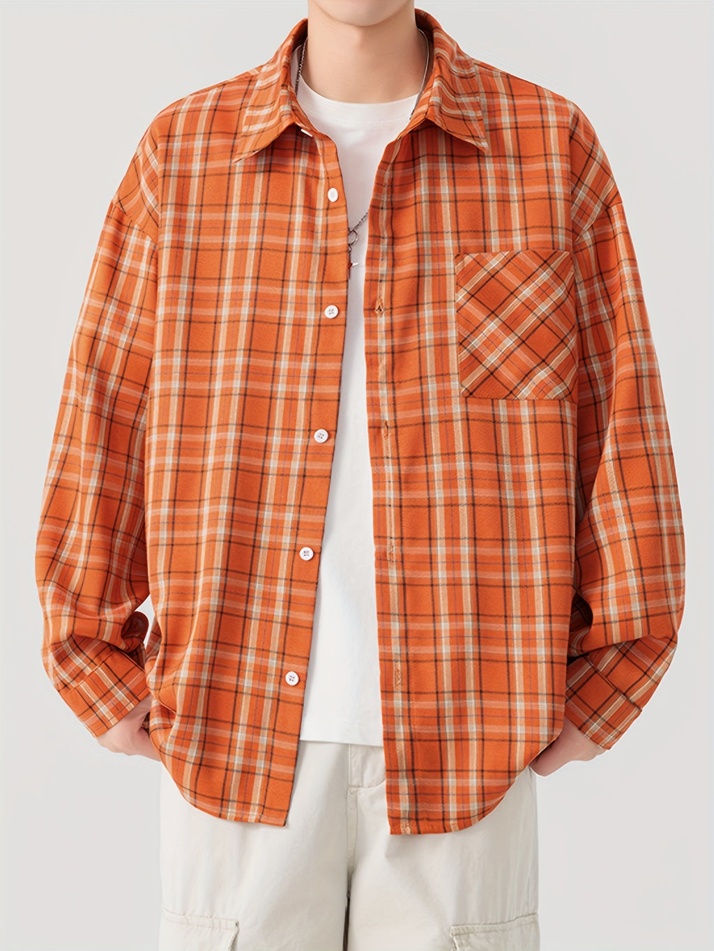 Oversized Orange Plaid Flannel Shirt