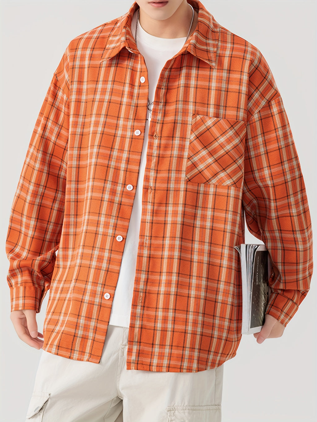 Oversized Orange Plaid Flannel Shirt