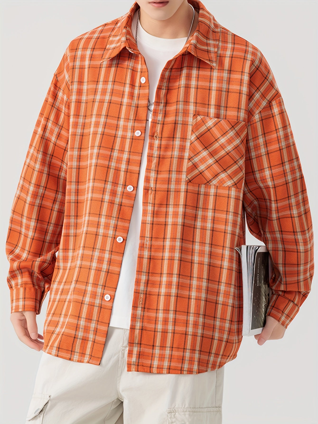 Oversized Orange Plaid Flannel Shirt