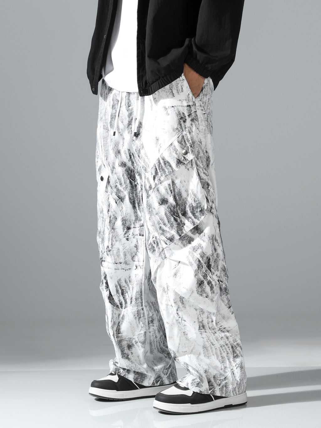 Black & White Marble Print Ultra-Baggy Cargo Parachute Pants