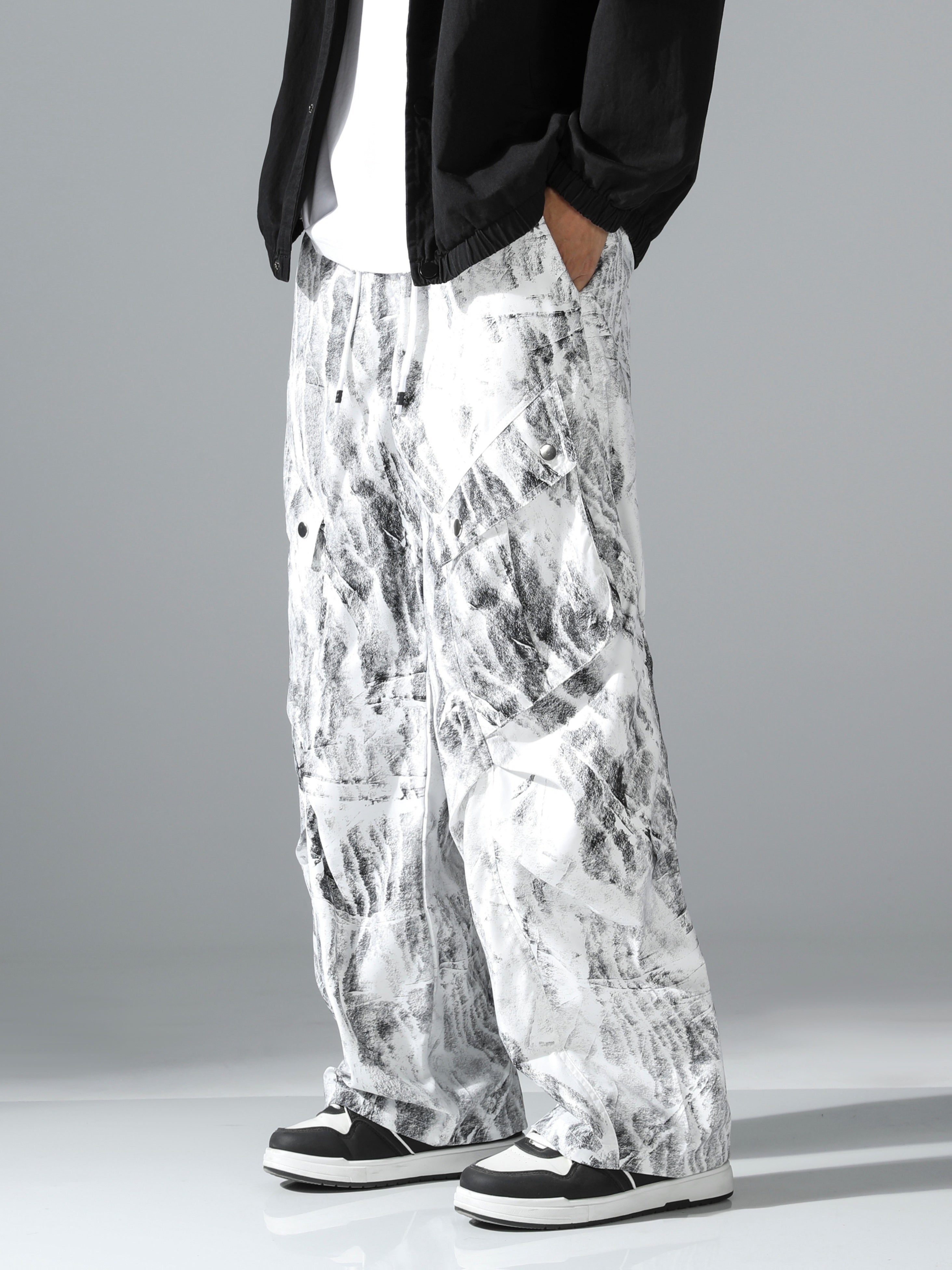 Black & White Marble Print Ultra-Baggy Cargo Parachute Pants