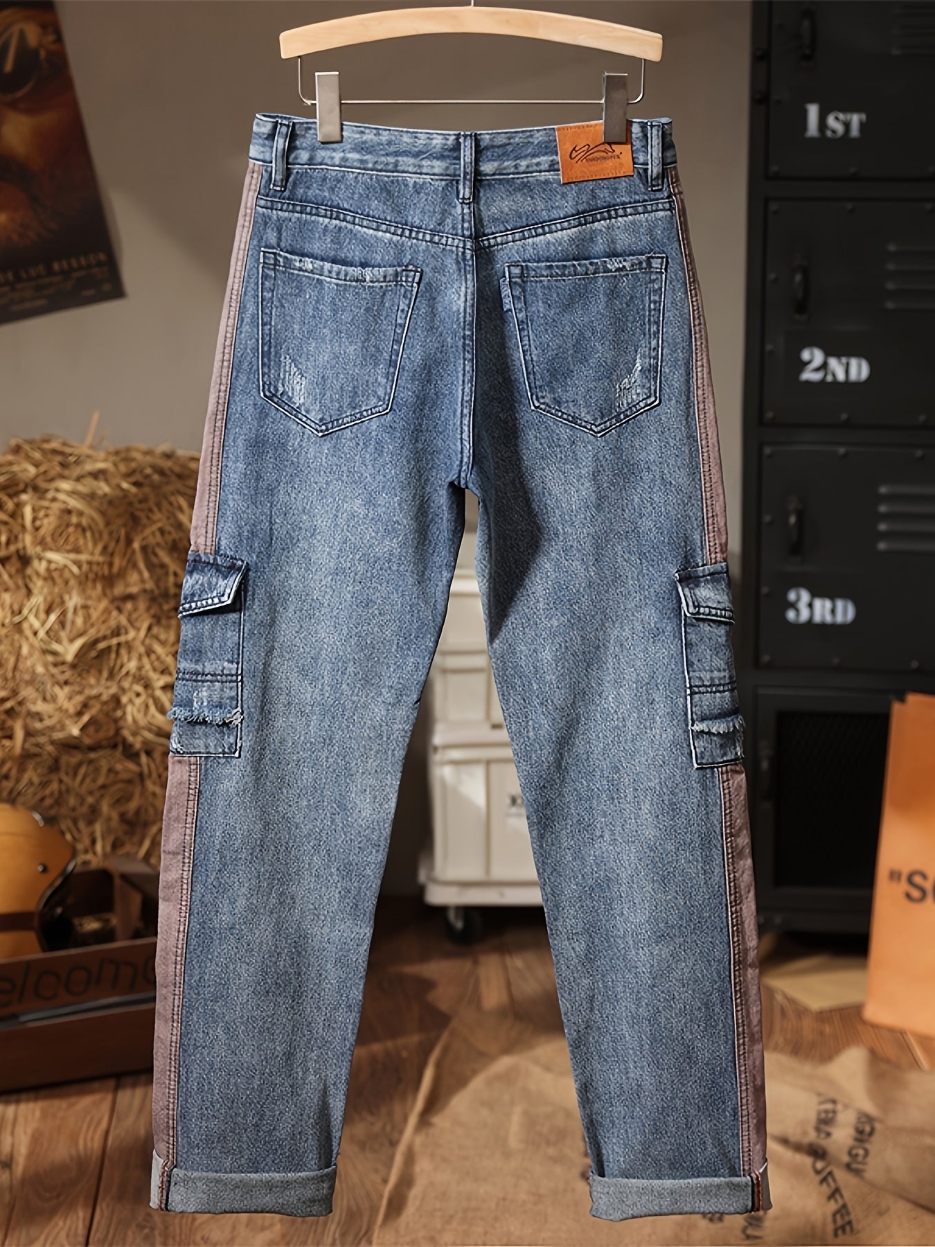 Distressed Contrast Panel Cargo Denim Jeans