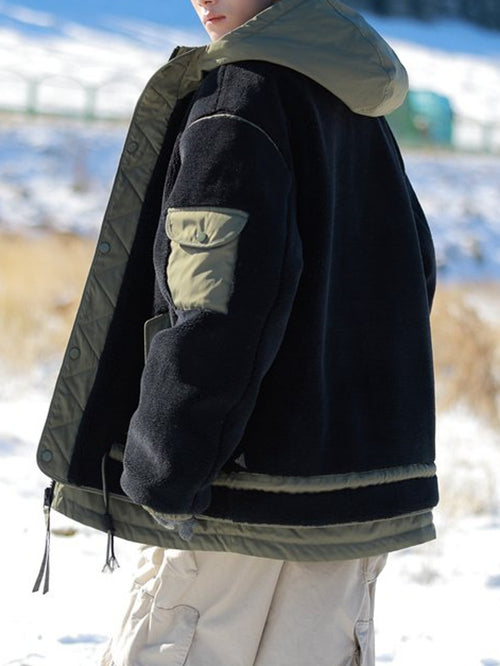 Black & Olive Contrast Fleece Hooded Jacket