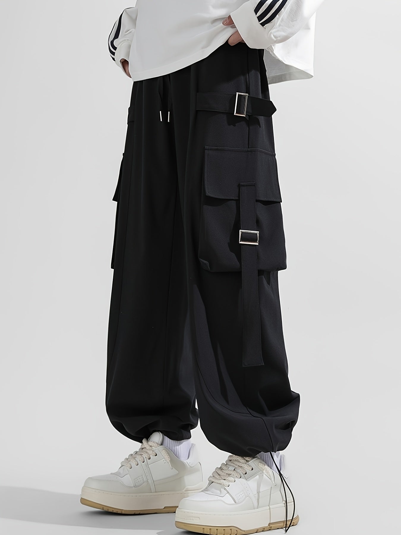 Black Techwear Oversized Wide-Leg Cargo Pants