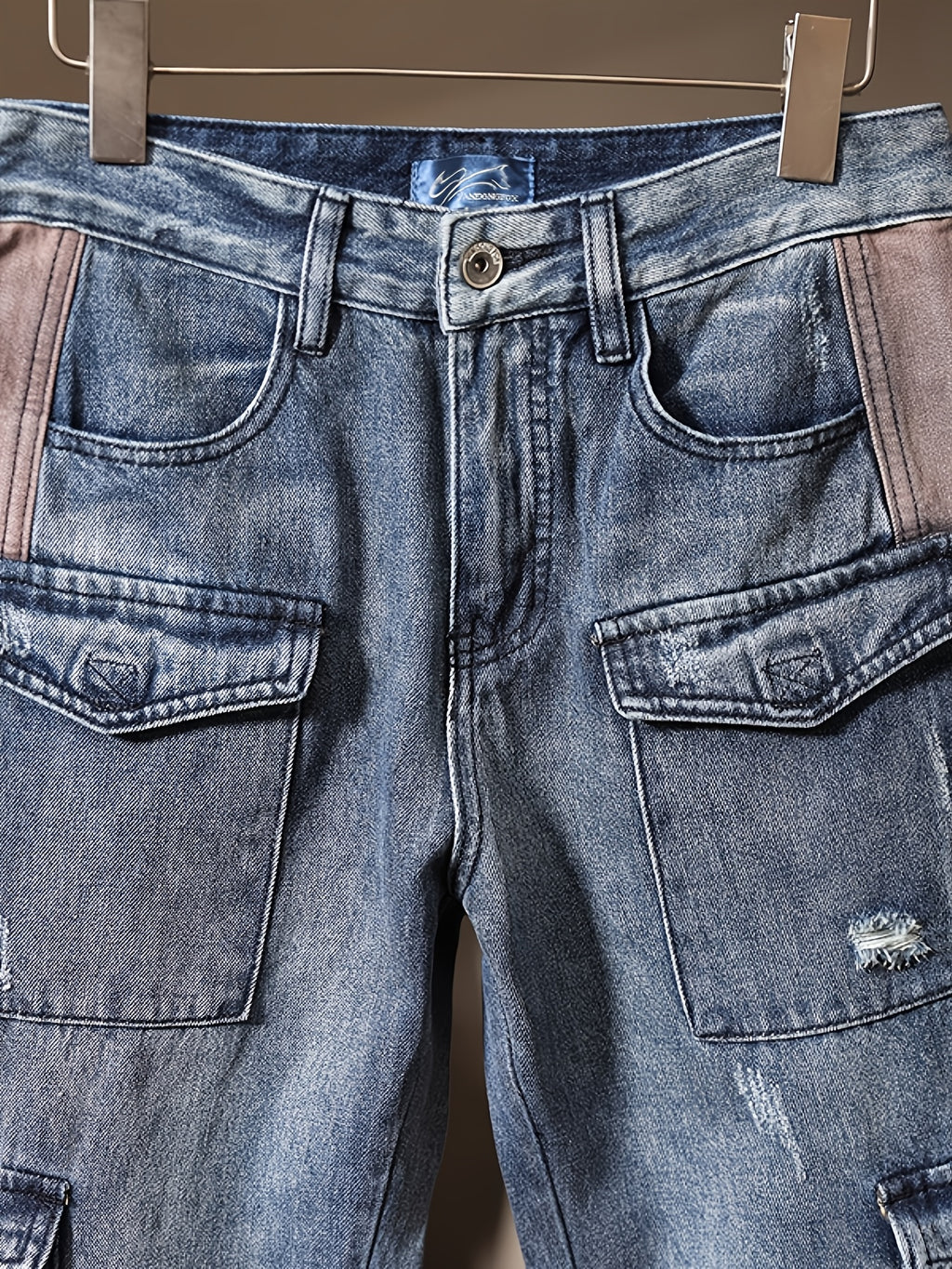 Distressed Contrast Panel Cargo Denim Jeans