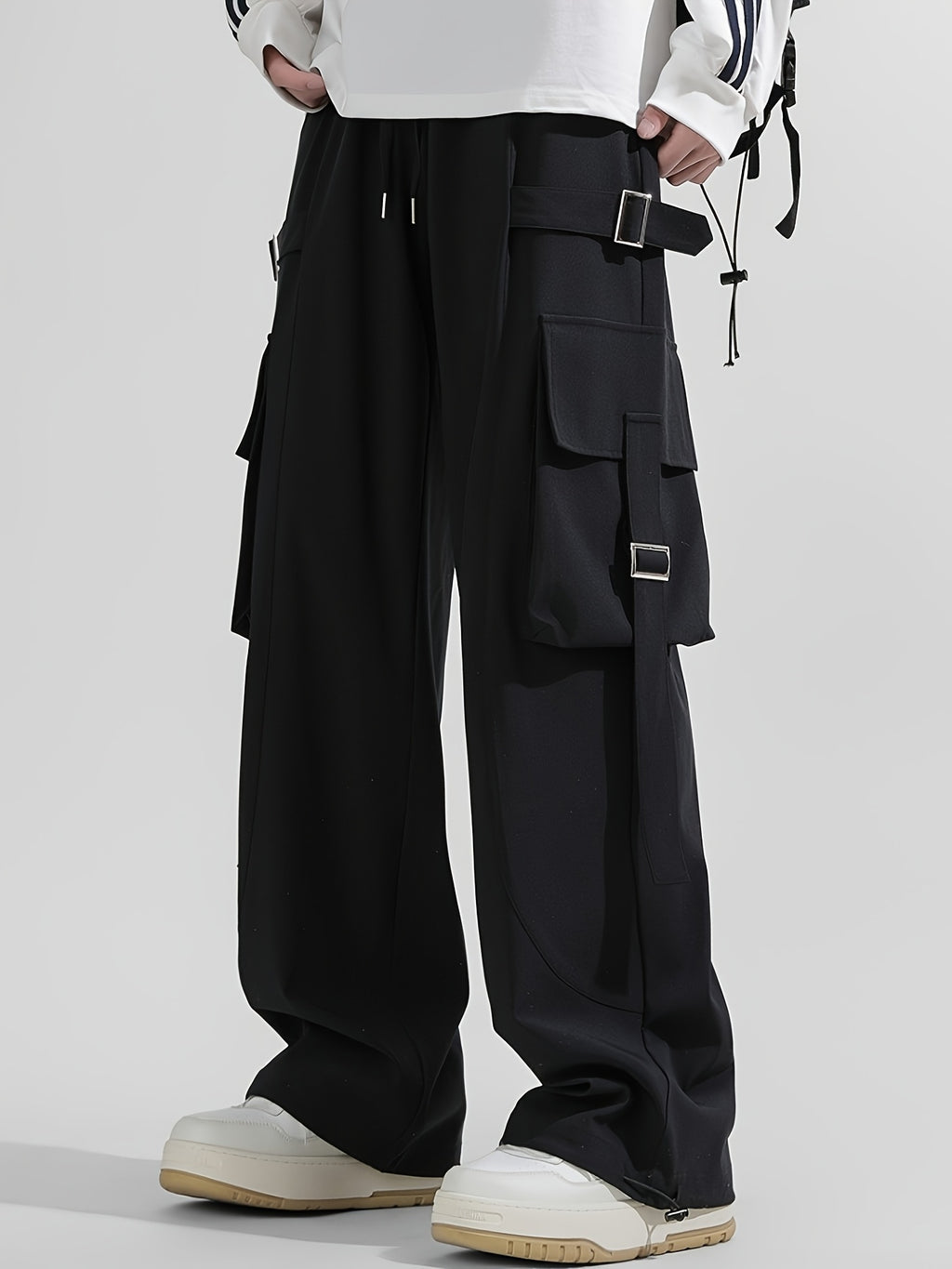 Black Techwear Oversized Wide-Leg Cargo Pants