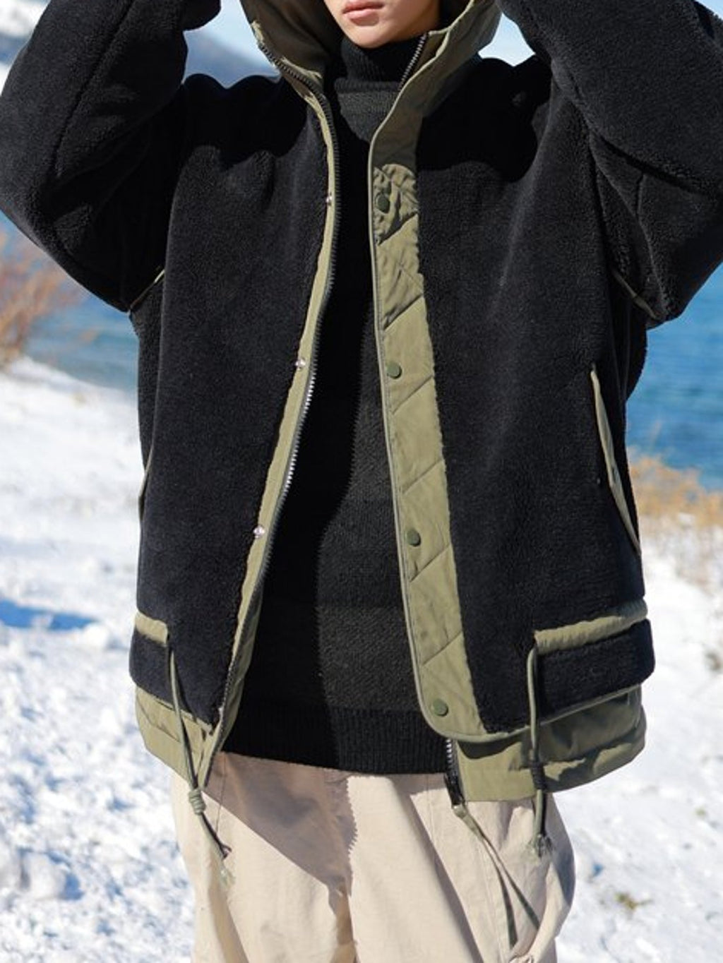 Black & Olive Contrast Fleece Hooded Jacket