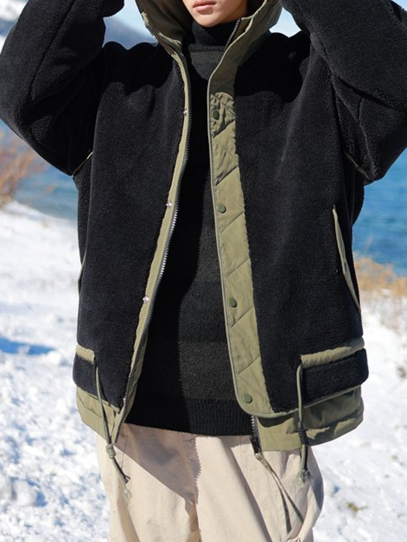 Black & Olive Contrast Fleece Hooded Jacket