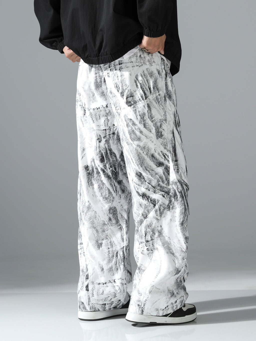 Black & White Marble Print Ultra-Baggy Cargo Parachute Pants