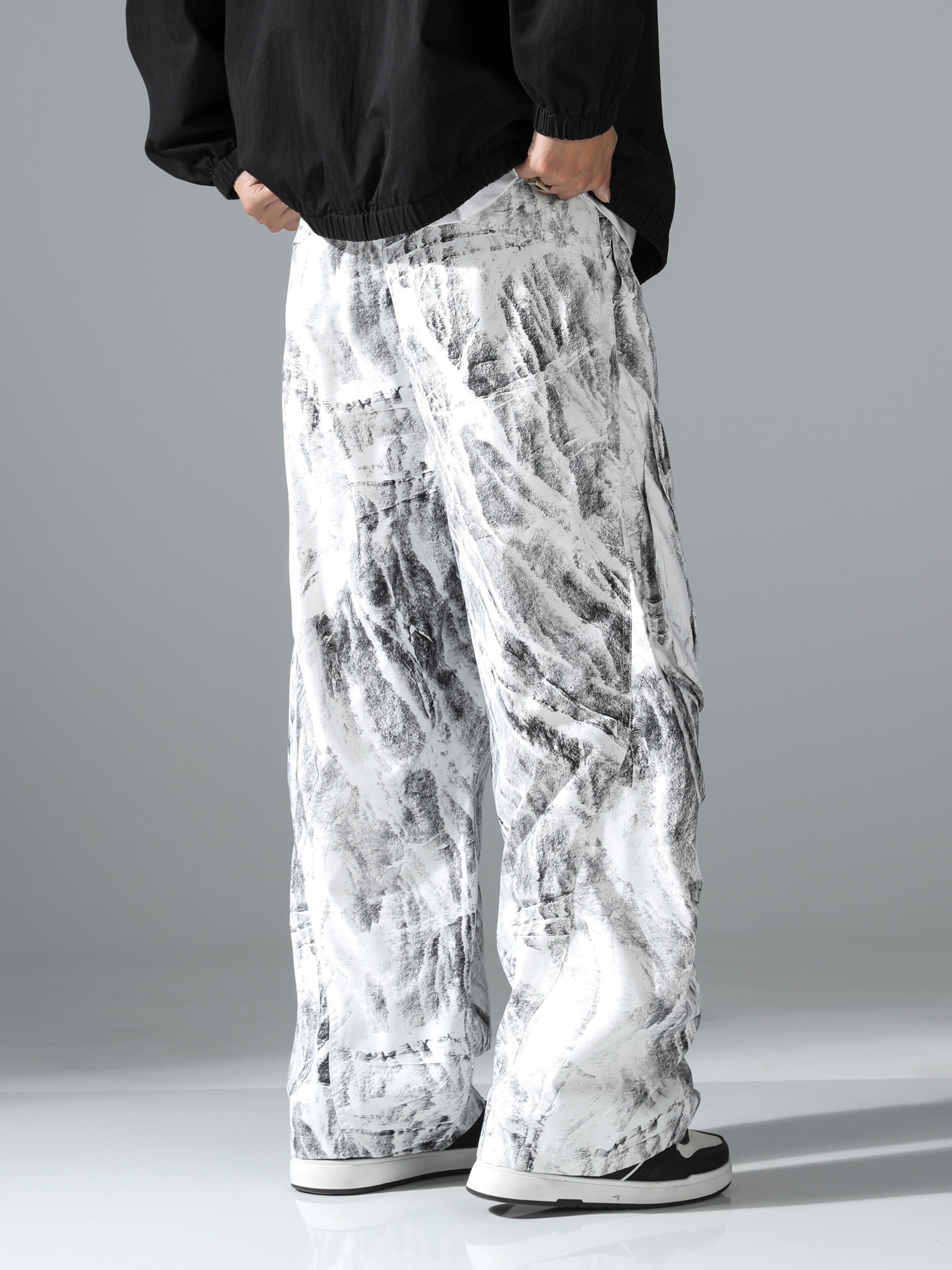 Black & White Marble Print Ultra-Baggy Cargo Parachute Pants