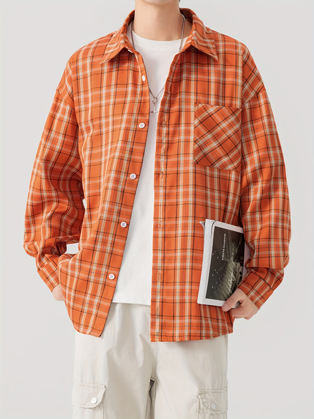 Oversized Orange Plaid Flannel Shirt