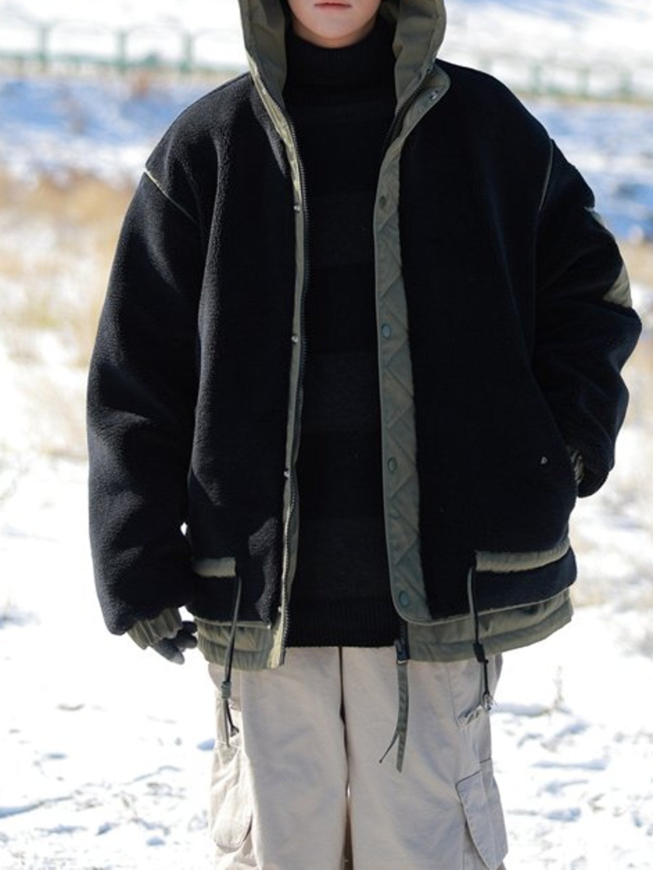 Black & Olive Contrast Fleece Hooded Jacket