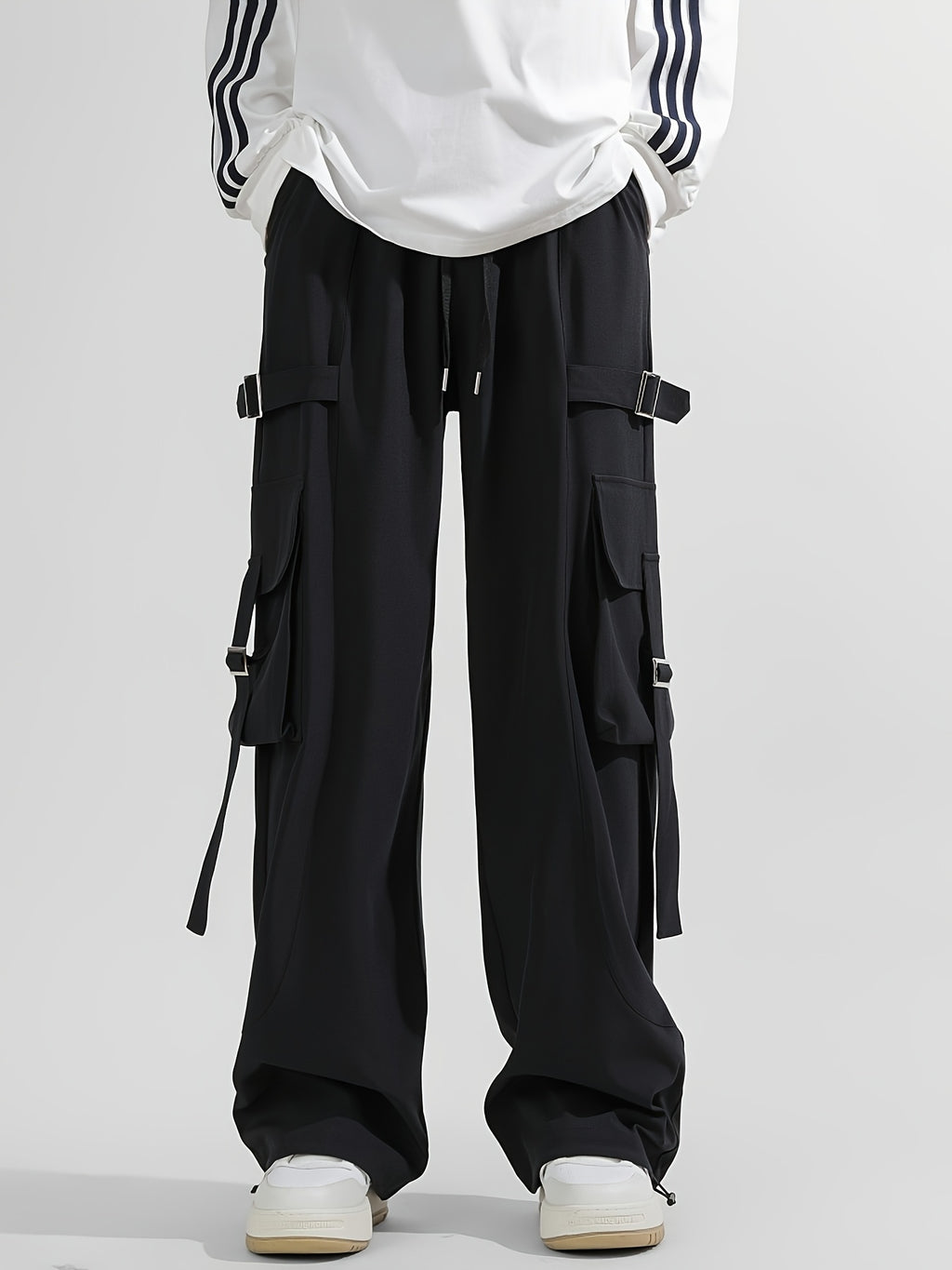 Black Techwear Oversized Wide-Leg Cargo Pants