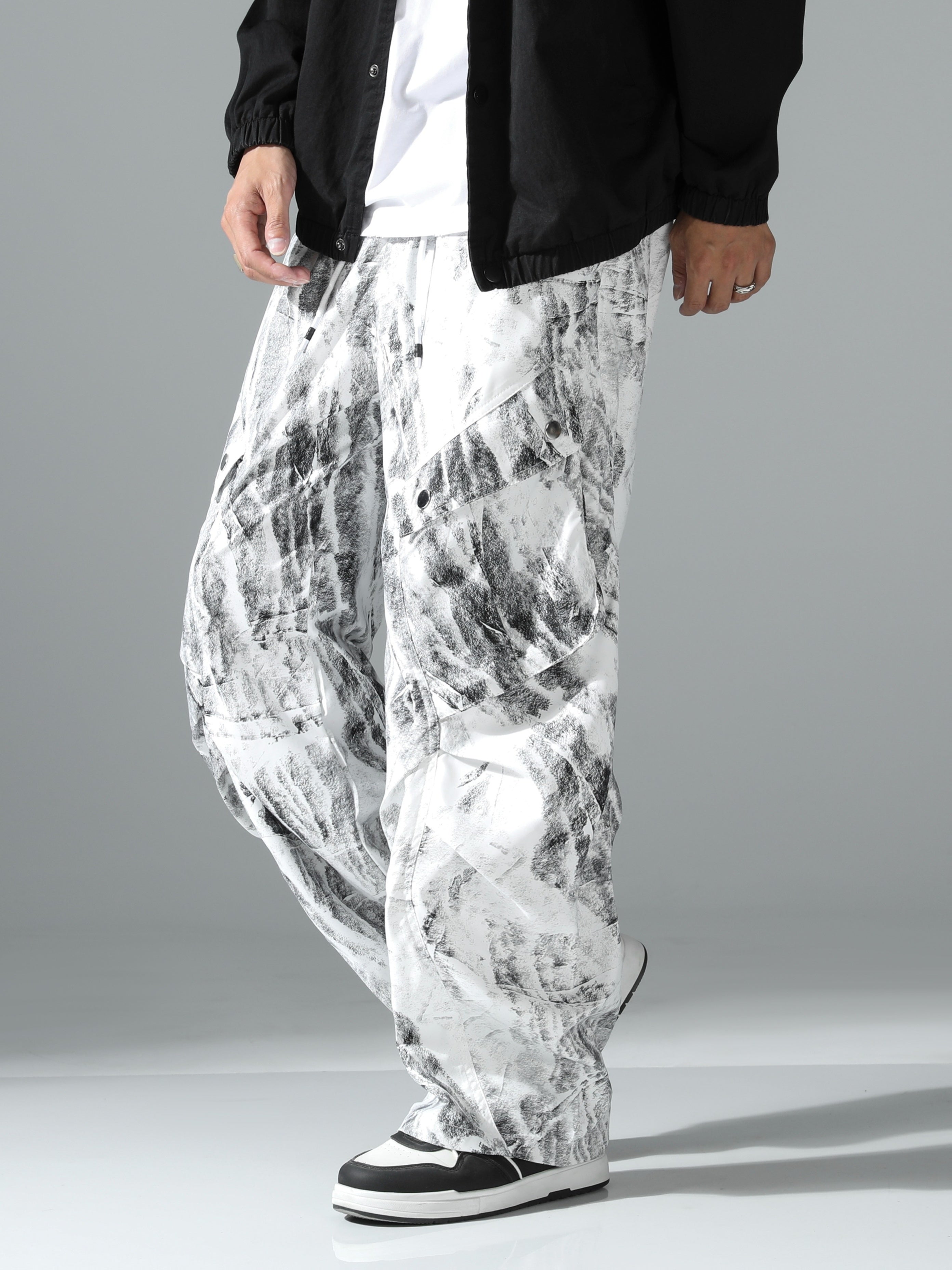 Black & White Marble Print Ultra-Baggy Cargo Parachute Pants
