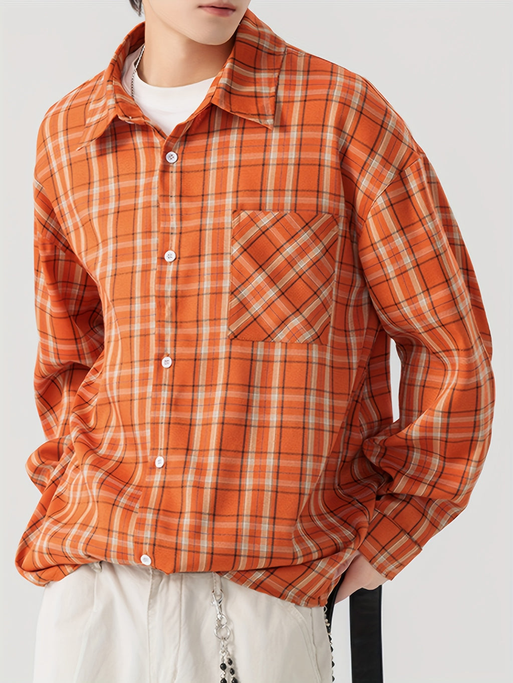 Oversized Orange Plaid Flannel Shirt