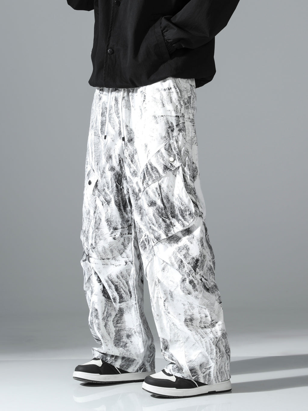 Black & White Marble Print Ultra-Baggy Cargo Parachute Pants