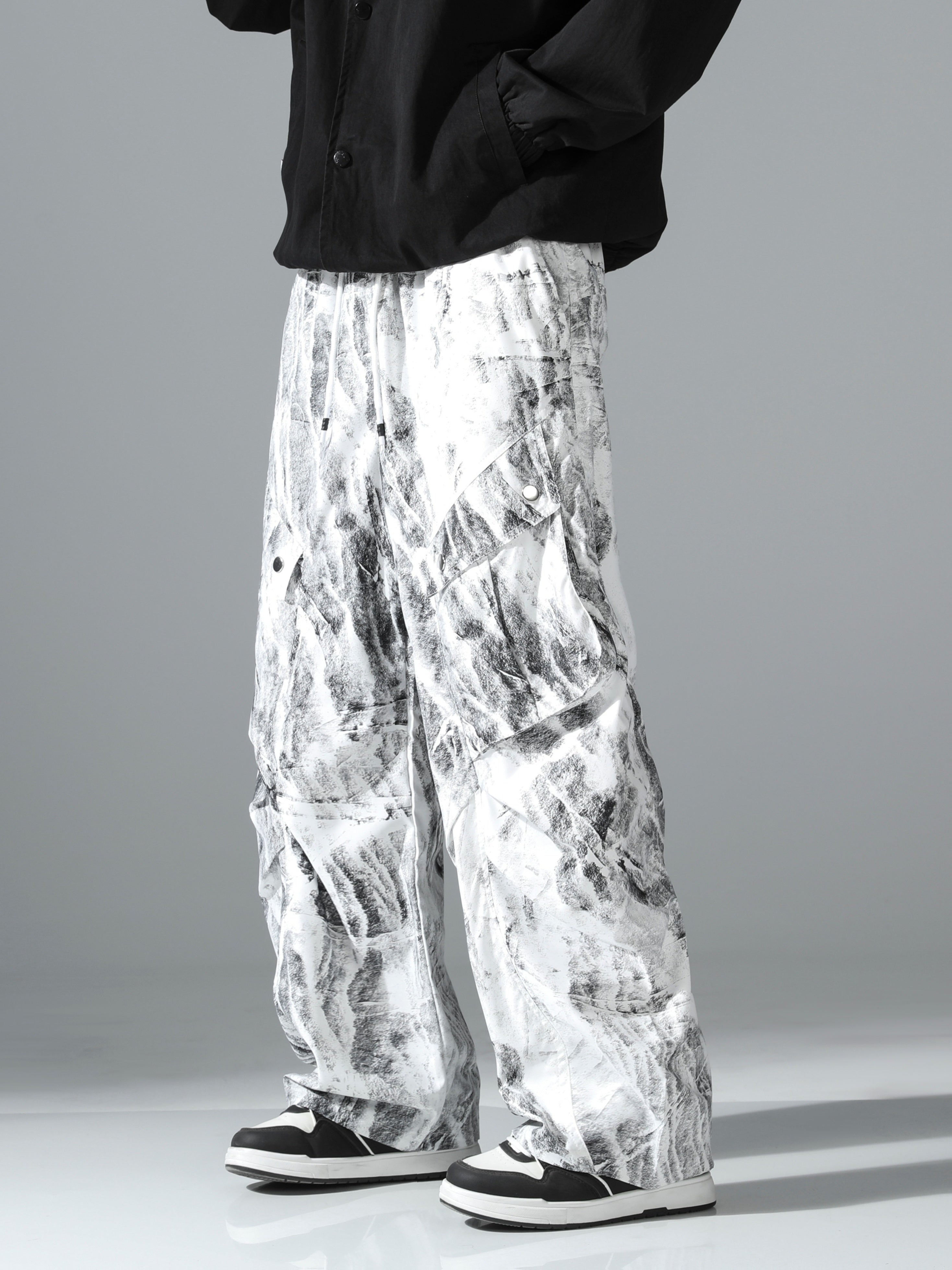 Black & White Marble Print Ultra-Baggy Cargo Parachute Pants