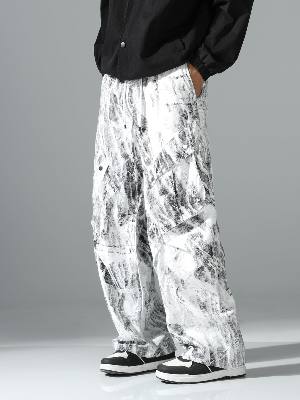 Black & White Marble Print Ultra-Baggy Cargo Parachute Pants